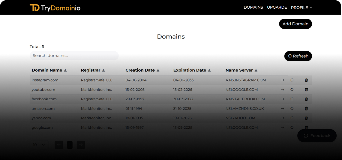 TryDomainio dashboard